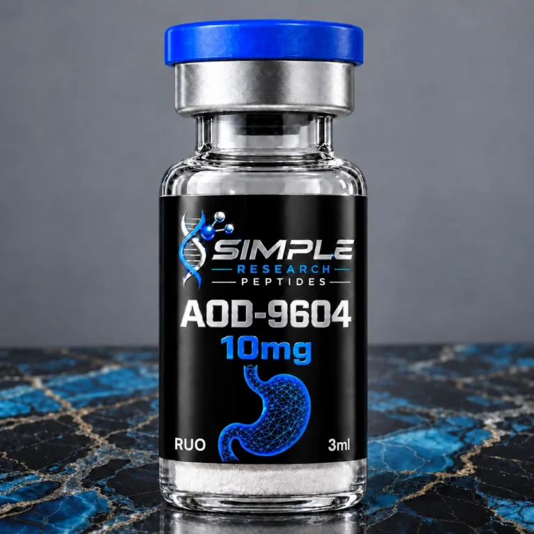 Simple Research Peptides AOD-9604 (10 mg Vial) with blue cap on blue and black marble