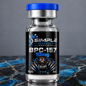 BPC-157 (10 mg Vial), blue cap and glossy SRP label on blue and gold marble