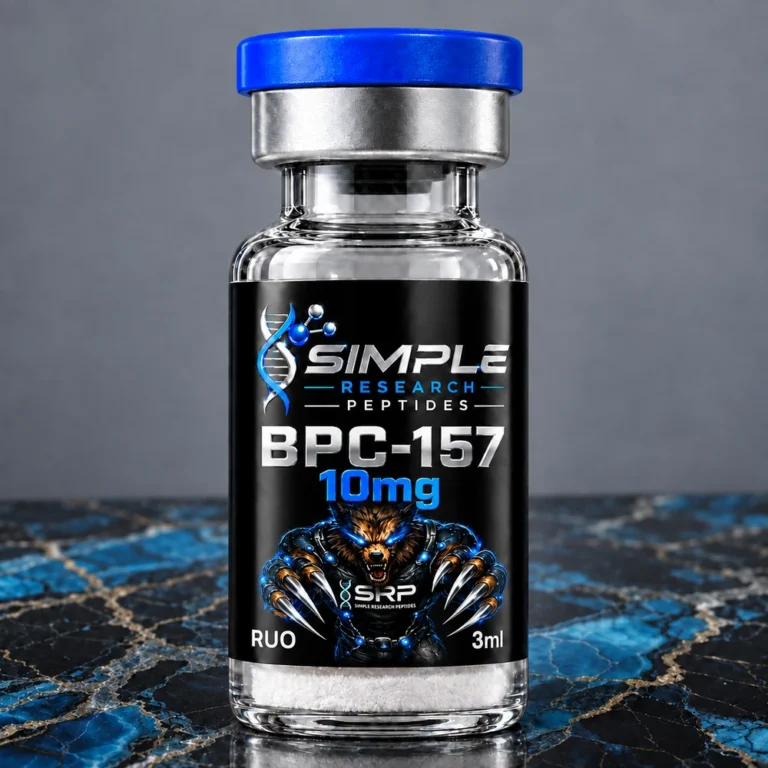 BPC-157 (10 mg Vial), blue cap and glossy SRP label on blue and gold marble