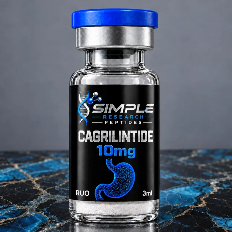 Simple Research Peptides Cagrilintide (10 mg Vial) with blue cap on blue and black marble