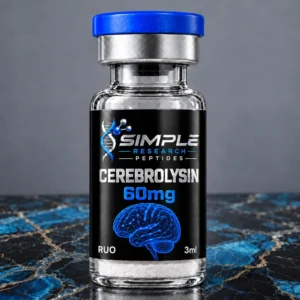 Simple Research Peptides Cerebrolysin (60 mg Vial) with blue cap on blue and black marble