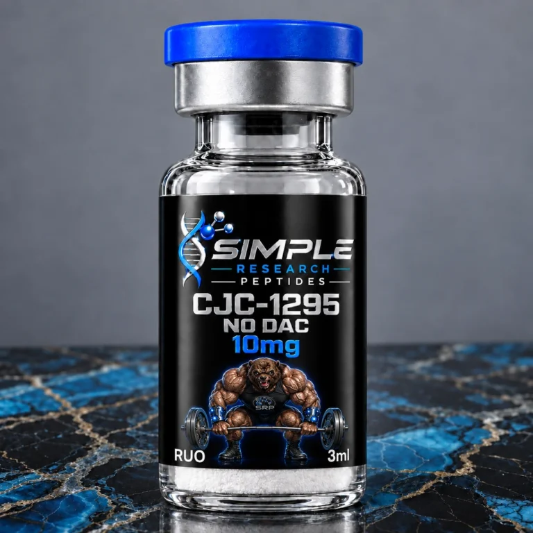 Simple Research Peptides CJC-1295 No DAC 10 mg Short-Acting Research Peptide Vial with blue cap on blue and black marble