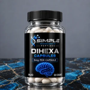 Simple Research Peptides Dihexa (5 mg Capsules, 30 Count) in a clear capsule bottle with black screw cap on blue and black marble