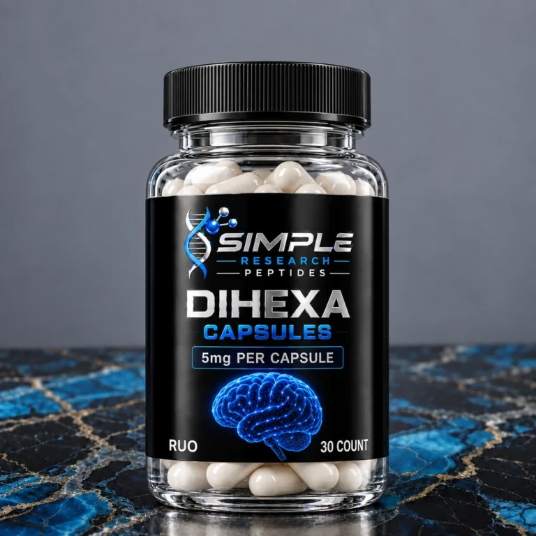 Simple Research Peptides Dihexa (5 mg Capsules, 30 Count) in a clear capsule bottle with black screw cap on blue and black marble