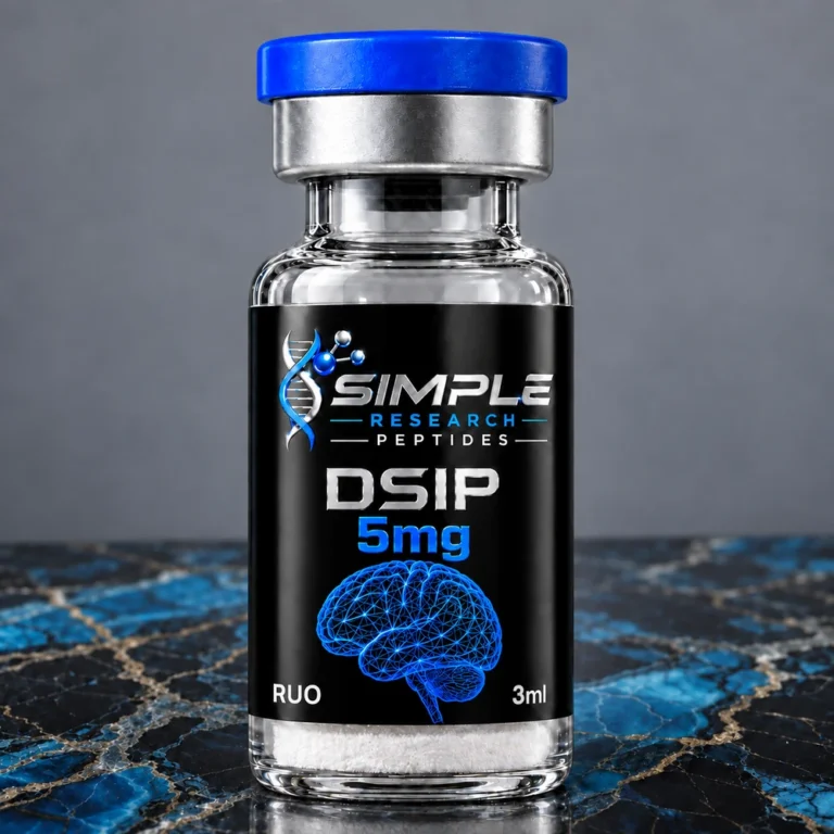 Simple Research Peptides DSIP 5 mg Sleep Research Peptide Vial with blue cap on blue and black marble