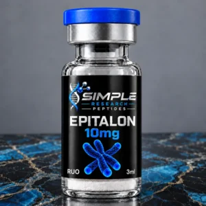 Simple Research Peptides Epitalon (10 mg Vial) with blue cap on blue and black marble