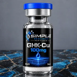 Simple Research Peptides GHK-Cu 100mg vial with blue cap on blue and black marble
