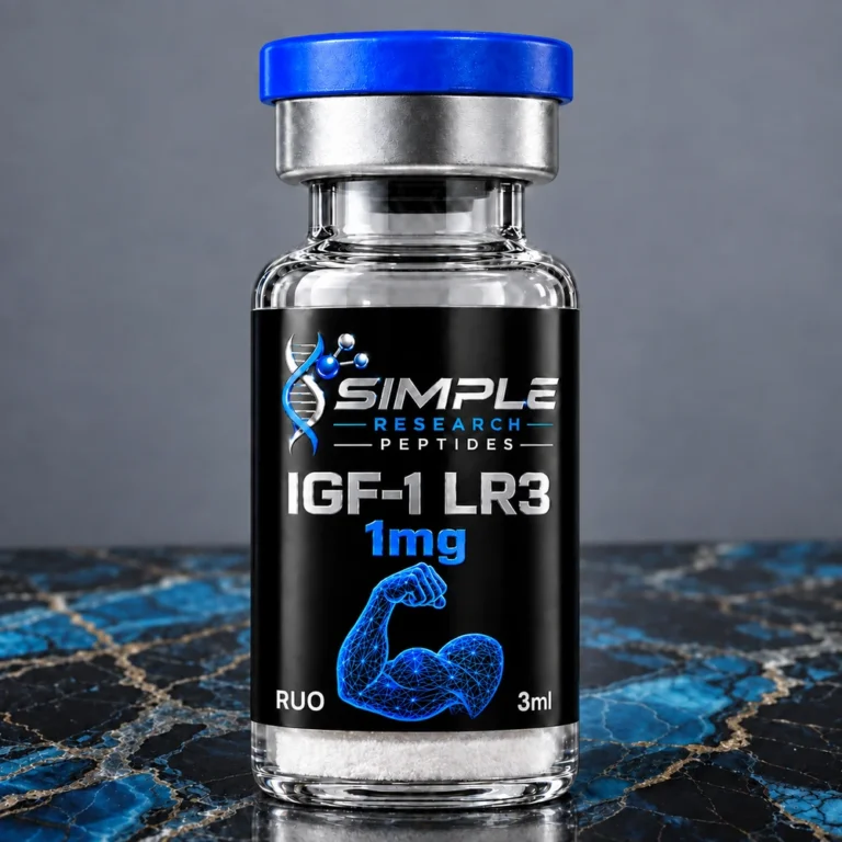Simple Research Peptides IGF-1 LR3 (1 mg Vial) with blue cap on blue and black marble