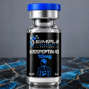 Simple Research Peptides Kisspeptin-10 (10 mg Vial) with blue cap on blue and black marble