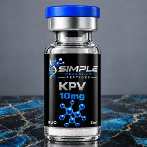 Simple Research Peptides KPV 10 mg Inflammation Research Peptide Vial with blue cap on blue and black marble
