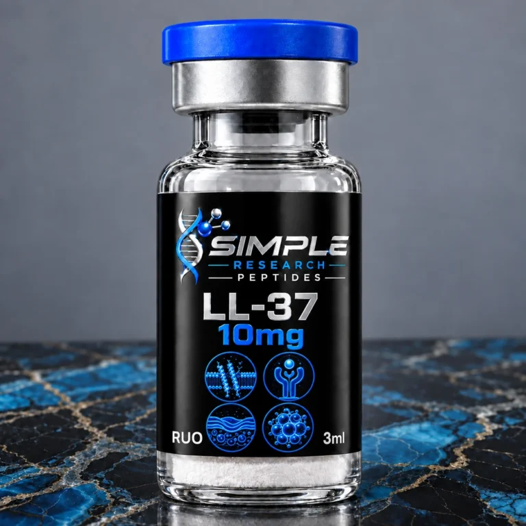 Simple Research Peptides LL-37 10 mg Antimicrobial Research Peptide Vial with blue cap on blue and black marble
