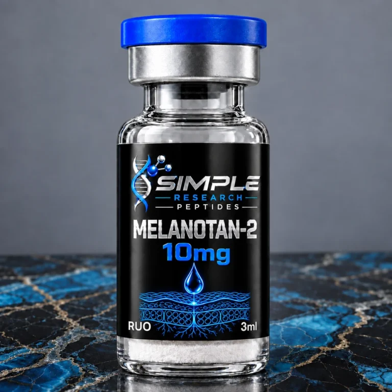 Simple Research Peptides Melanotan II (10 mg Vial) with blue cap on blue and black marble