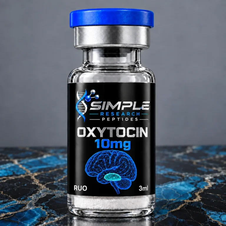 Simple Research Peptides Oxytocin (10 mg Vial) with blue cap on blue and black marble