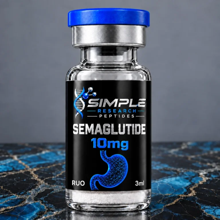 Semaglutide (10 mg Vial), blue cap and glossy SRP label on blue and gold marble