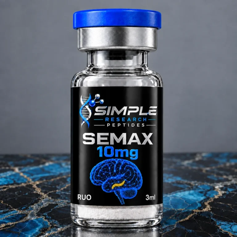 Simple Research Peptides Semax 10 mg Neuroscience Research Peptide Vial with blue cap on blue and black marble
