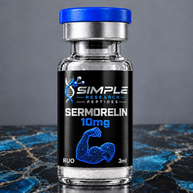 Simple Research Peptides Sermorelin (10 mg Vial) with blue cap on blue and black marble