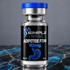 Simple Research Peptides ADIPOTIDE FTPP 10MG with blue cap on blue and black marble