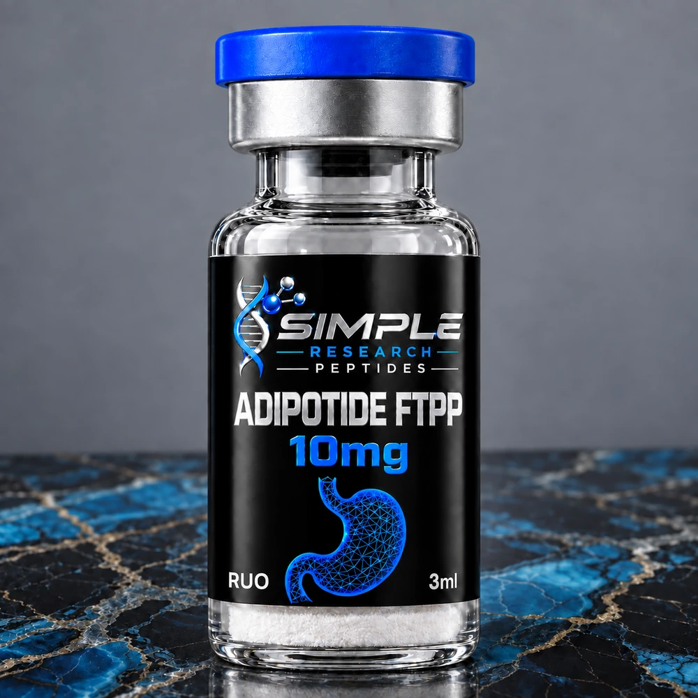 ADIPOTIDE 10MG research vial with the original neon-blue stomach graphic