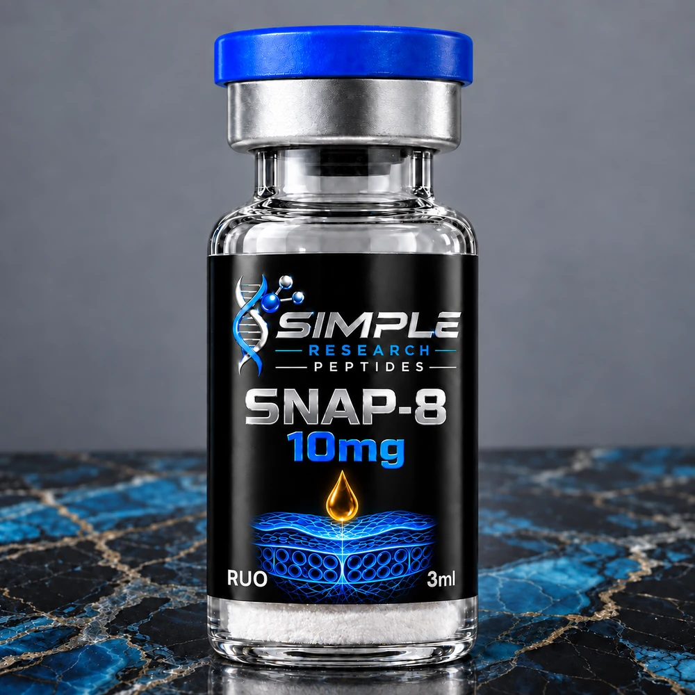 Simple Research Peptides SNAP-8 10mg Research Peptide Vial with blue cap on blue and black marble