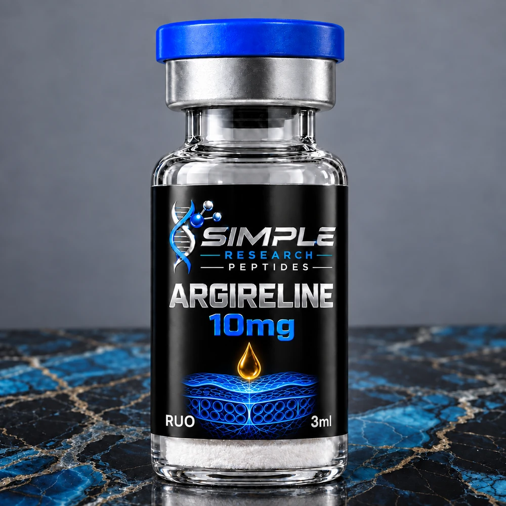 Simple Research Peptides Argireline 10mg Research Peptide Vial with blue cap on blue and black marble