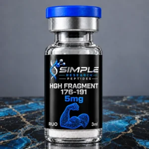 Simple Research Peptides HGH Fragment 176-191 5mg Research Peptide Vial with blue cap on blue and black marble