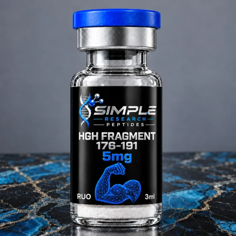 Simple Research Peptides HGH Fragment 176-191 5mg Research Peptide Vial with blue cap on blue and black marble