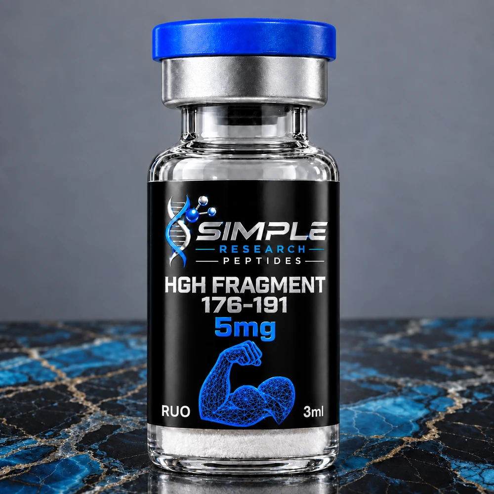 Simple Research Peptides HGH Fragment 176-191 5mg Research Peptide Vial with blue cap on blue and black marble