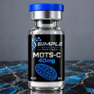Simple Research Peptides MOTS-C (40 mg Vial) with blue cap on blue and black marble