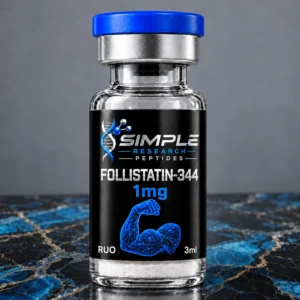 Simple Research Peptides Follistatin-344 (1 mg Vial) with blue cap on blue and black marble