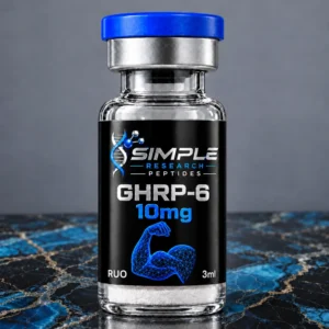 Simple Research Peptides GHRP-6 (10 mg) Vial with blue cap on blue and black marble