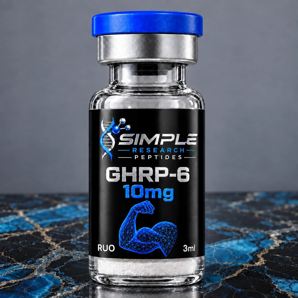 Simple Research Peptides GHRP-6 (10 mg) Vial with blue cap on blue and black marble