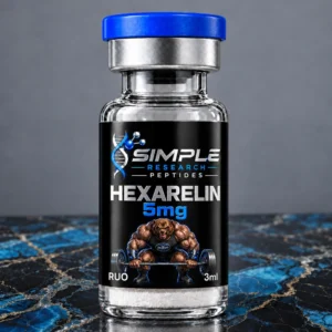 Simple Research Peptides Hexarelin 5mg Research Peptide Vial with blue cap on blue and black marble