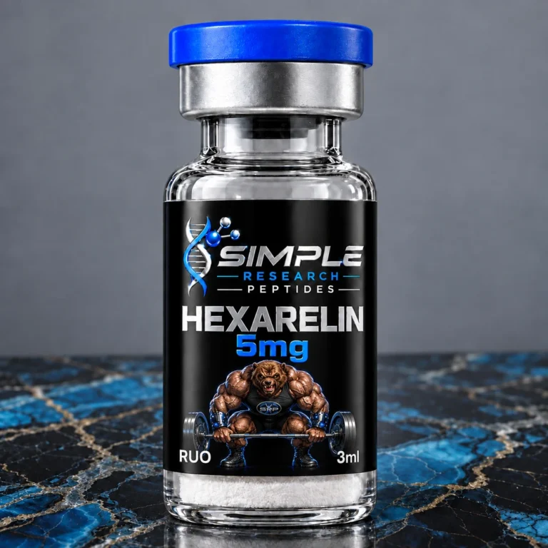 Simple Research Peptides Hexarelin 5mg Research Peptide Vial with blue cap on blue and black marble