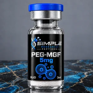 Simple Research Peptides PEG-MGF 5mg Research Peptide Vial with blue cap on blue and black marble