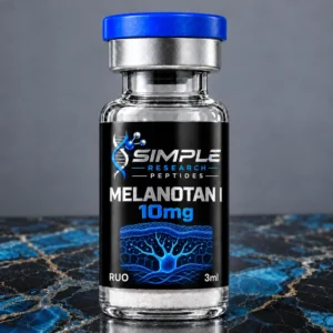 SRP melanotan1 10 research vial with blue cap and metallic label on blue marble