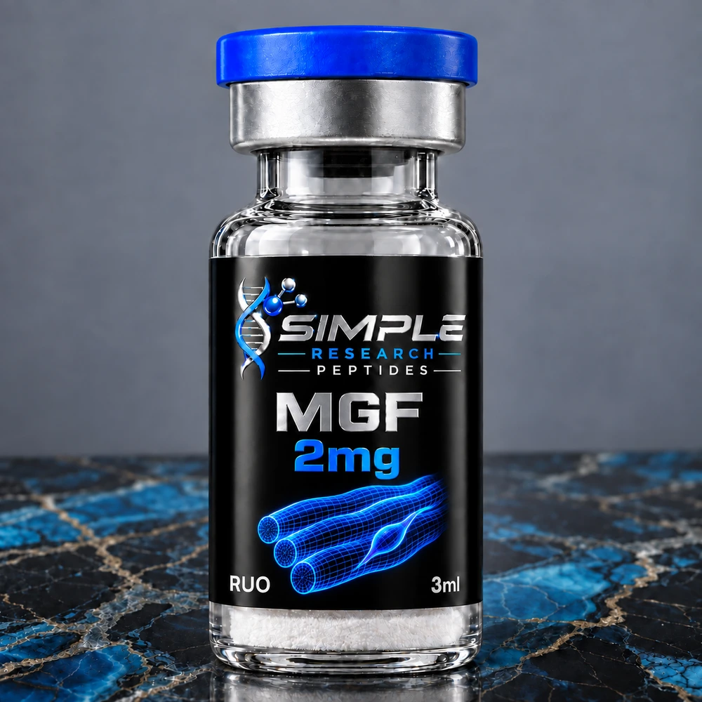 SRP mgf 2 research vial with blue cap and metallic label on blue marble