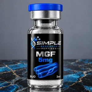 SRP mgf 5 research vial with blue cap and metallic label on blue marble