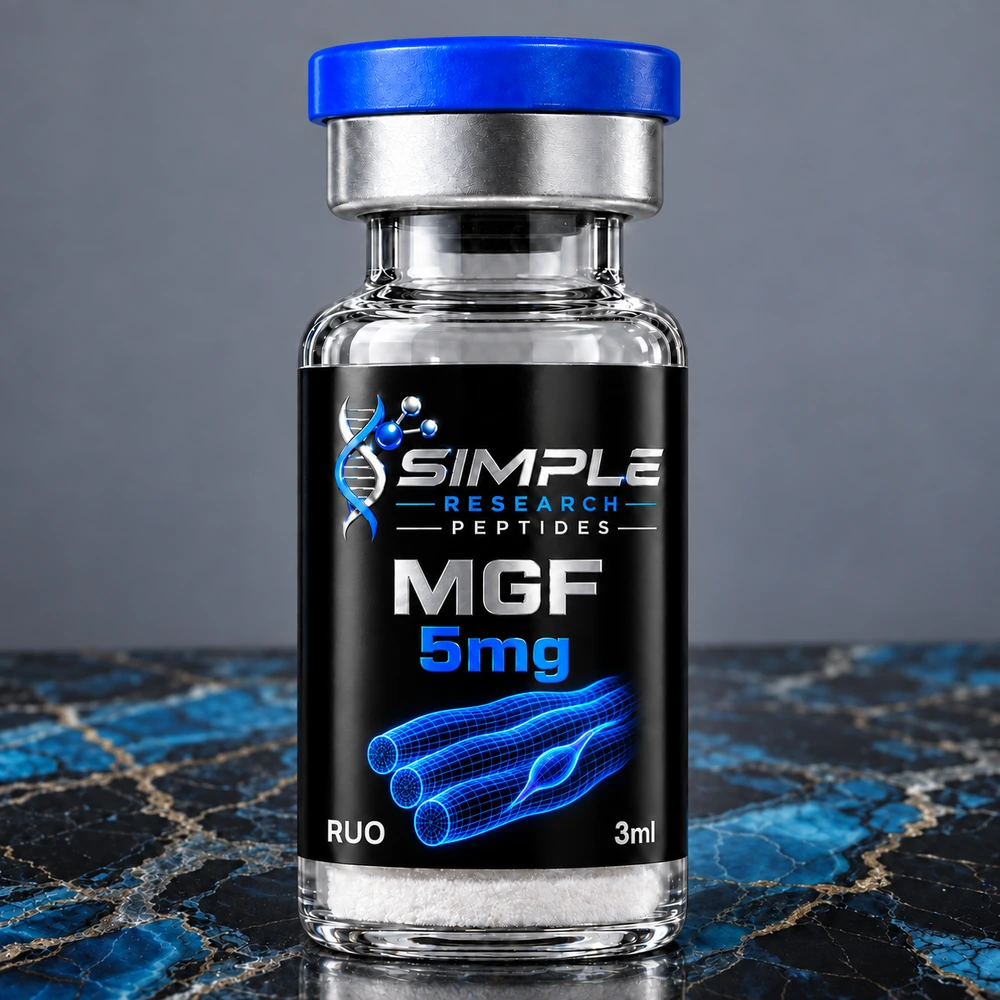 SRP mgf 5 research vial with blue cap and metallic label on blue marble