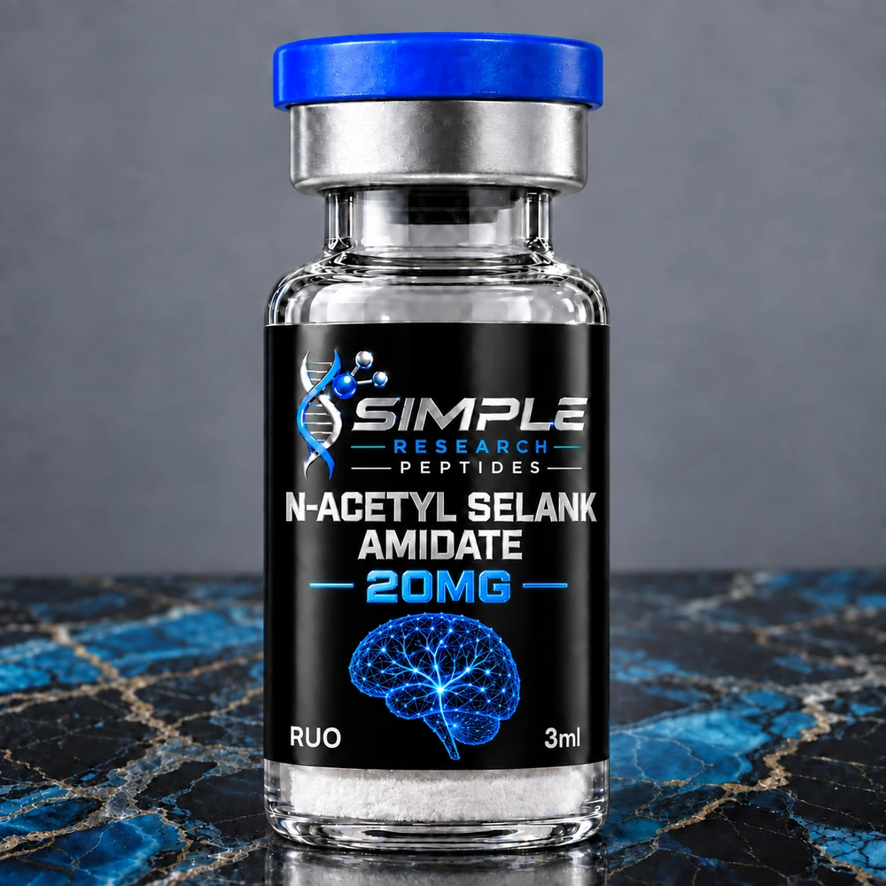 SRP na selank 20 research vial with blue cap and metallic label on blue marble