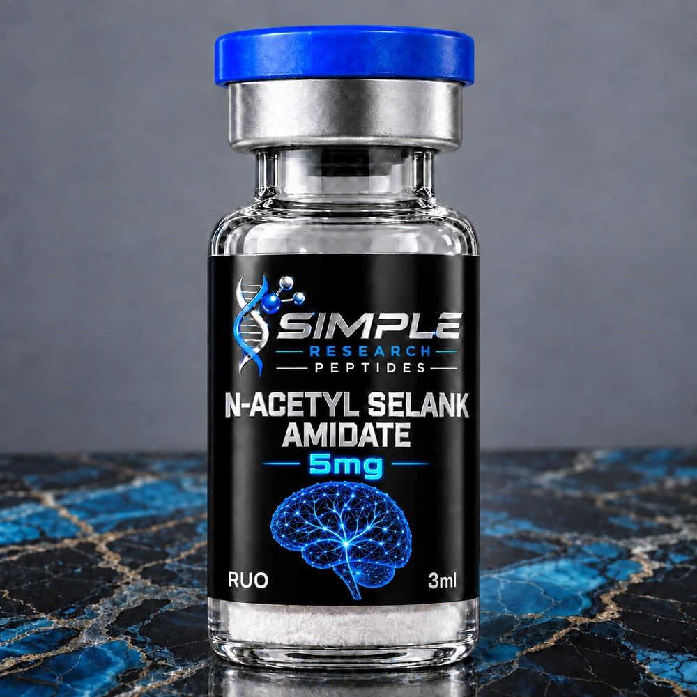 SRP na selank 5 research vial with blue cap and metallic label on blue marble
