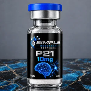 SRP p21 10 research vial with blue cap and metallic label on blue marble