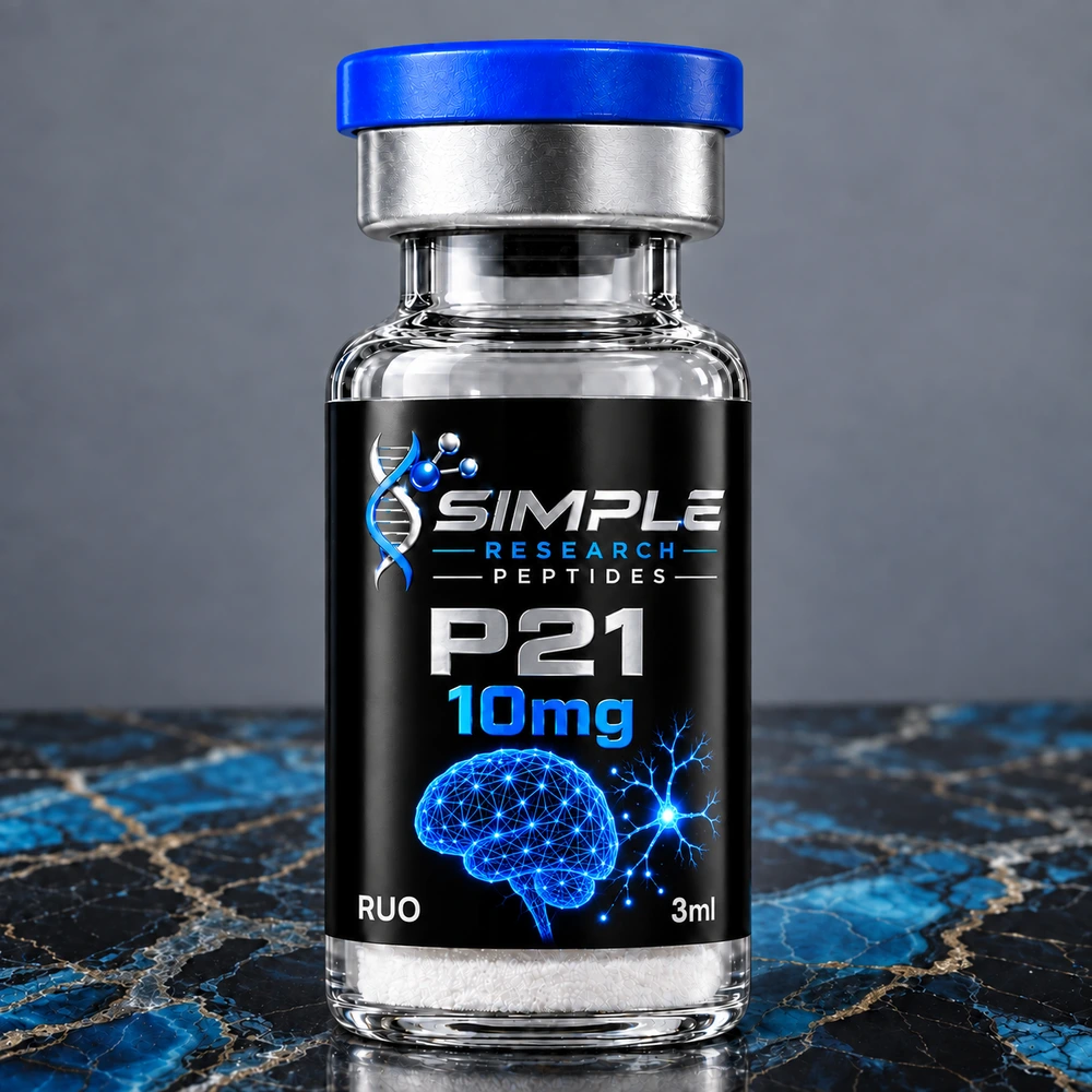 SRP p21 10 research vial with blue cap and metallic label on blue marble