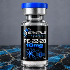 SRP pe-22-28-10mg research vial with blue cap, metallic vinyl label and blue marble surface