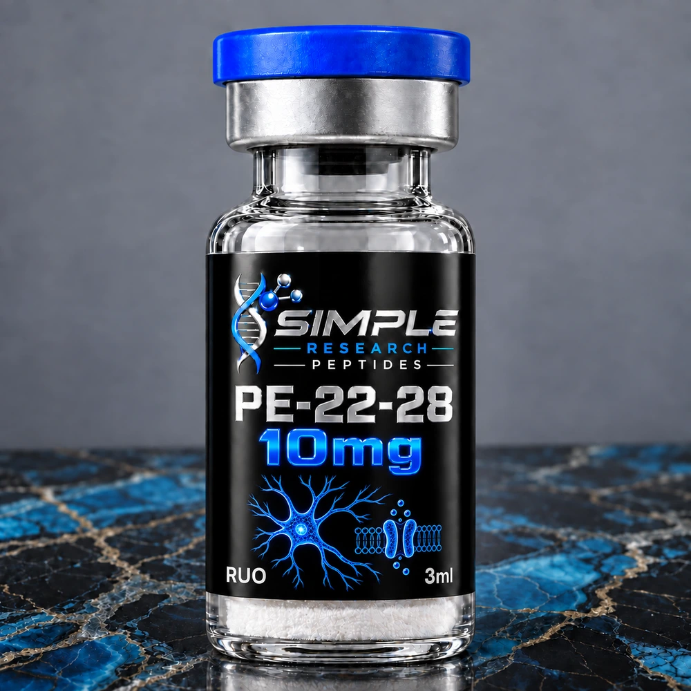 SRP pe-22-28-10mg research vial with blue cap, metallic vinyl label and blue marble surface