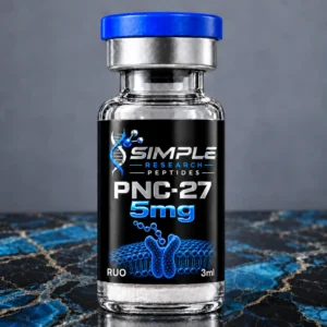 SRP pnc-27-5mg research vial with blue cap, metallic vinyl label and blue marble surface