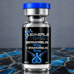 SRP Sermorelin + Ipamorelin Blend 5mg/5mg vial on blue and black marble