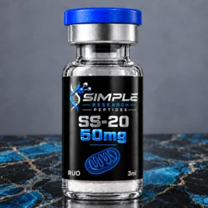 SRP ss-20-50mg research vial with blue cap, metallic vinyl label and blue marble surface