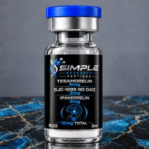 SRP Tesamorelin + CJC-1295 (No DAC) + Ipamorelin Blend 6mg/3mg/3mg vial on blue and black marble