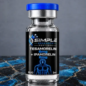 SRP Tesamorelin + Ipamorelin Blend 6mg/2mg vial on blue and black marble