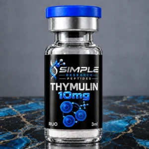 SRP thymulin-10mg research vial with blue cap, metallic vinyl label and blue marble surface